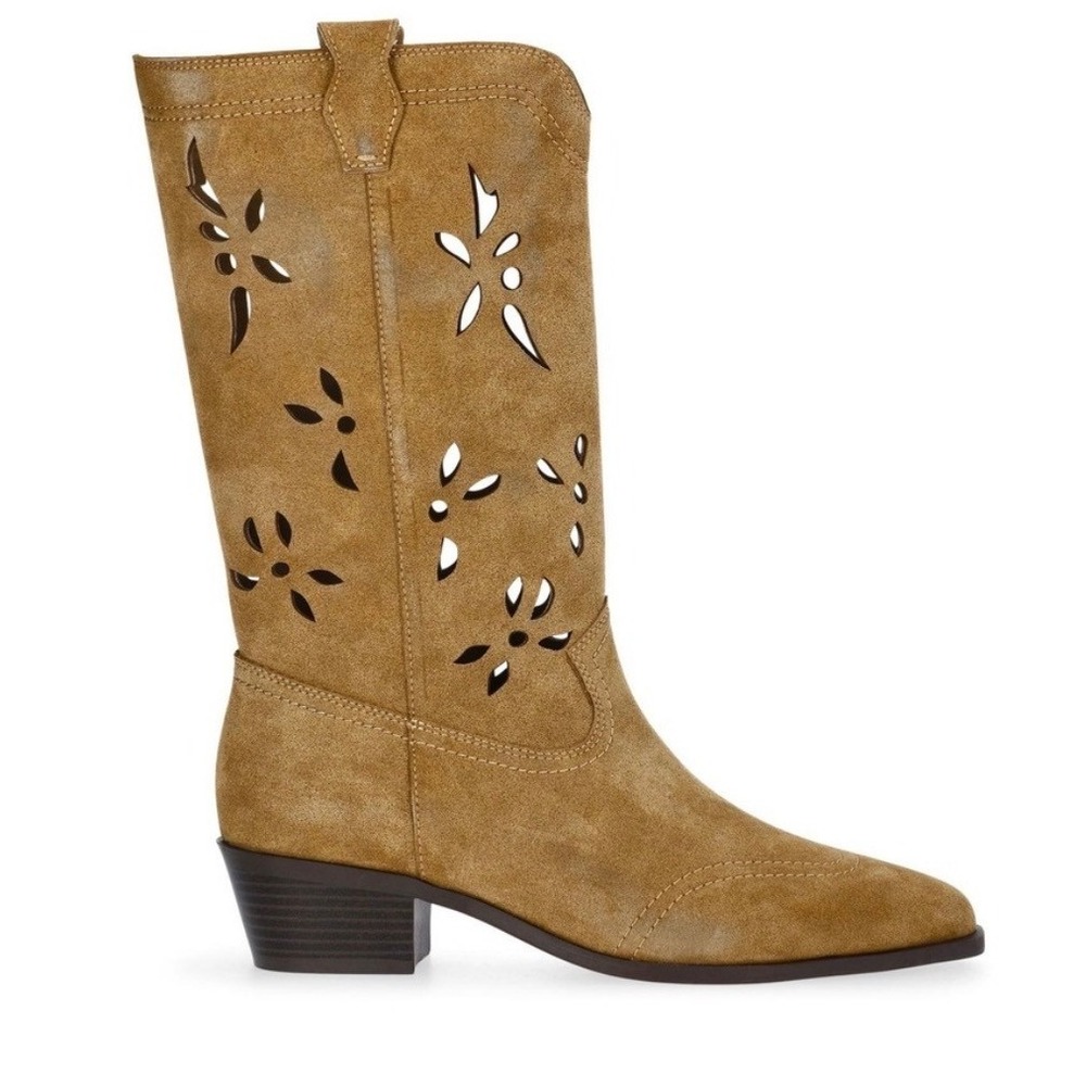 Cottagecore West Chopout Taupe Suede NEW Floral Boho Cutout Western Boots Size 7
